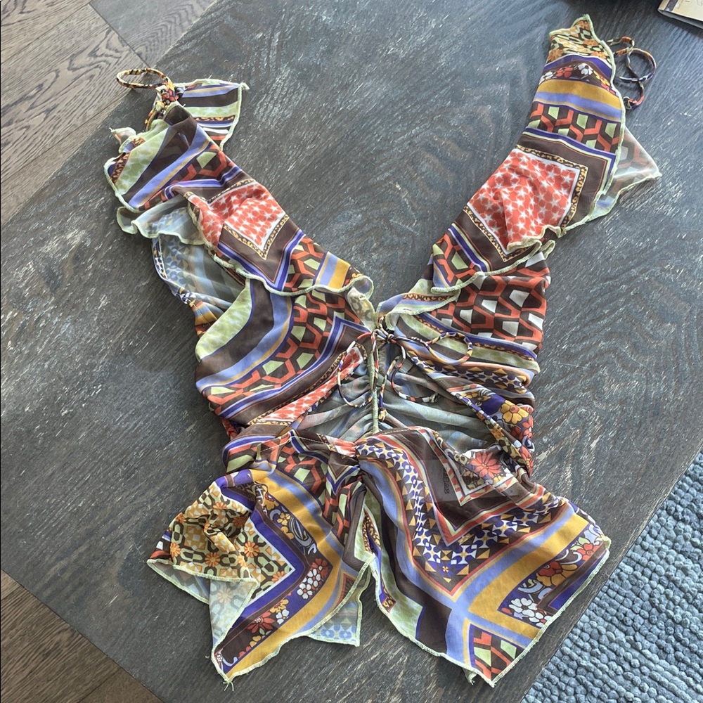 Colorful Patterned Ruffle Sheer Blouse
